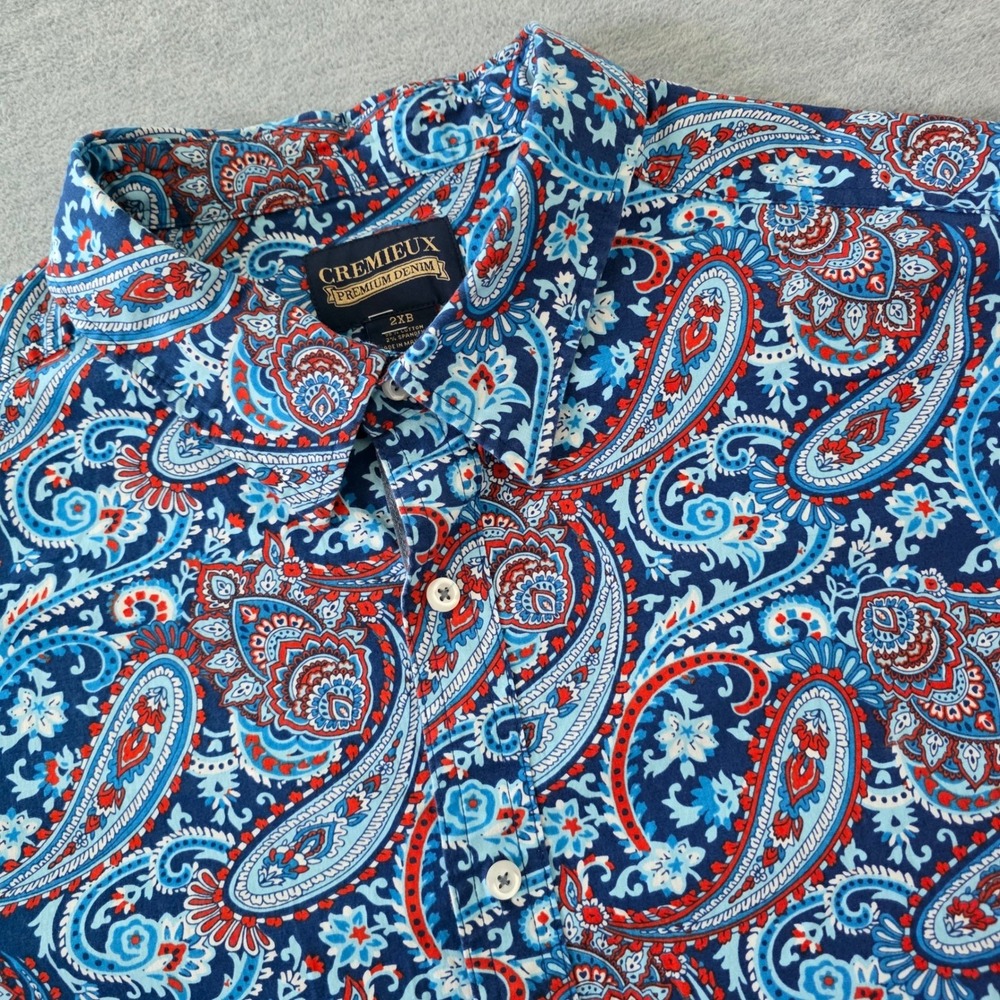 Cremieux Premium Denim Mens 2XB Blue Red Paisley Short Sleeve Button Down Shirt